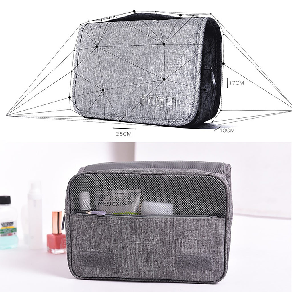 Toiletry bag hanging in bathroom showing compartments